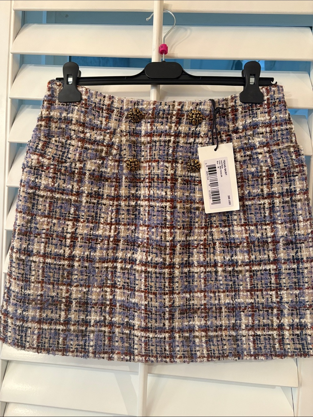 ba&sh Blue, Brown & White Tweed Mini Skirt with Gold Buttons